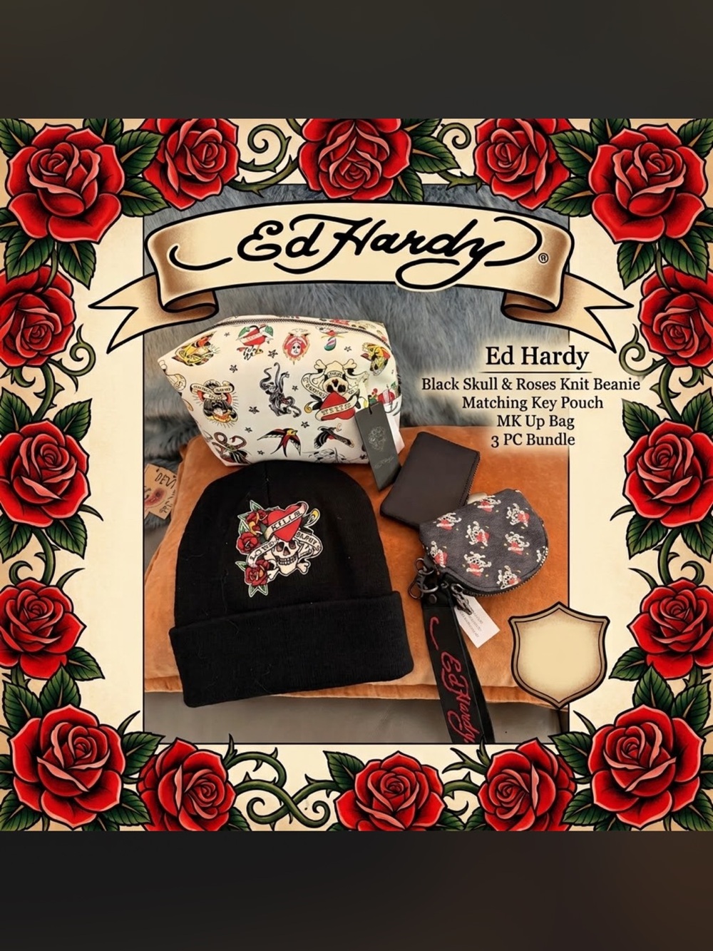 Black Skull & Roses Knit Beanie with Matching Key Pouch ed hardy mk up bag 3 pc